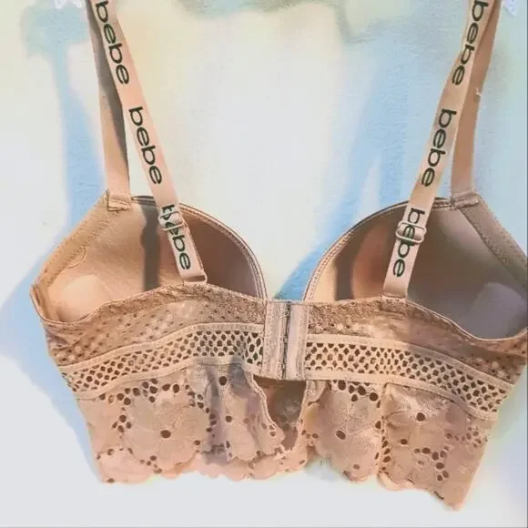 bebe Bustier 38C Lace Fringe Bra CHAMPAGNE DUSK Lace Trim Edge w Sporty Straps - Picture 9 of 13